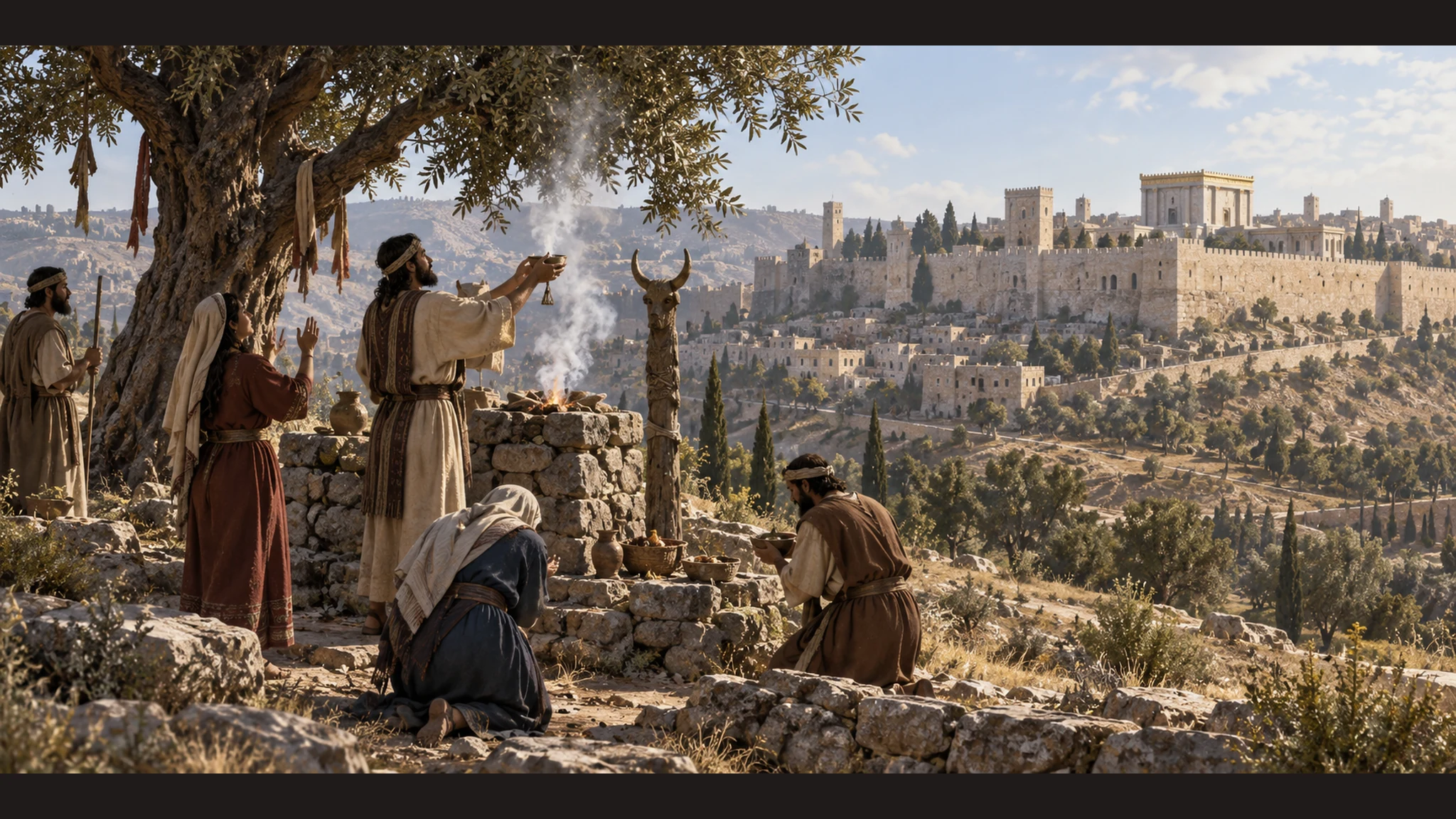 A Judahite hill shrine remains active beneath Jerusalem's skyline, visually echoing northern practices.