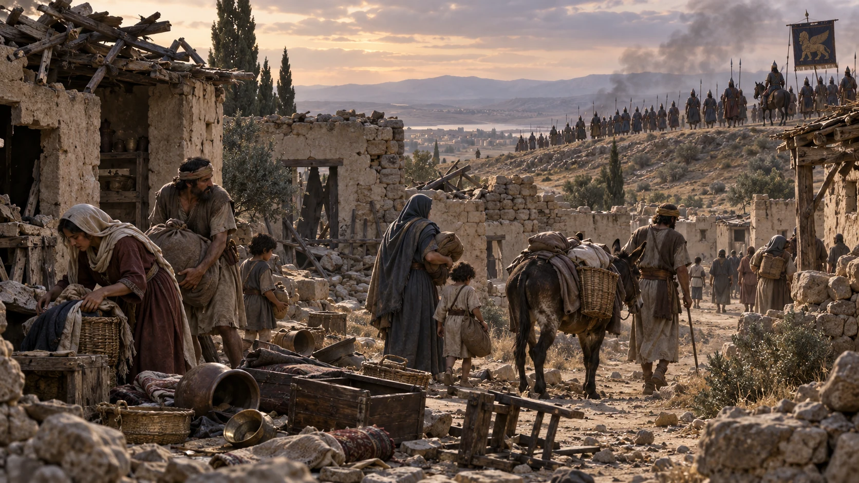 A northern settlement after a raid, with survivors gathering belongings and a distant armed column departing; no graphic violence.