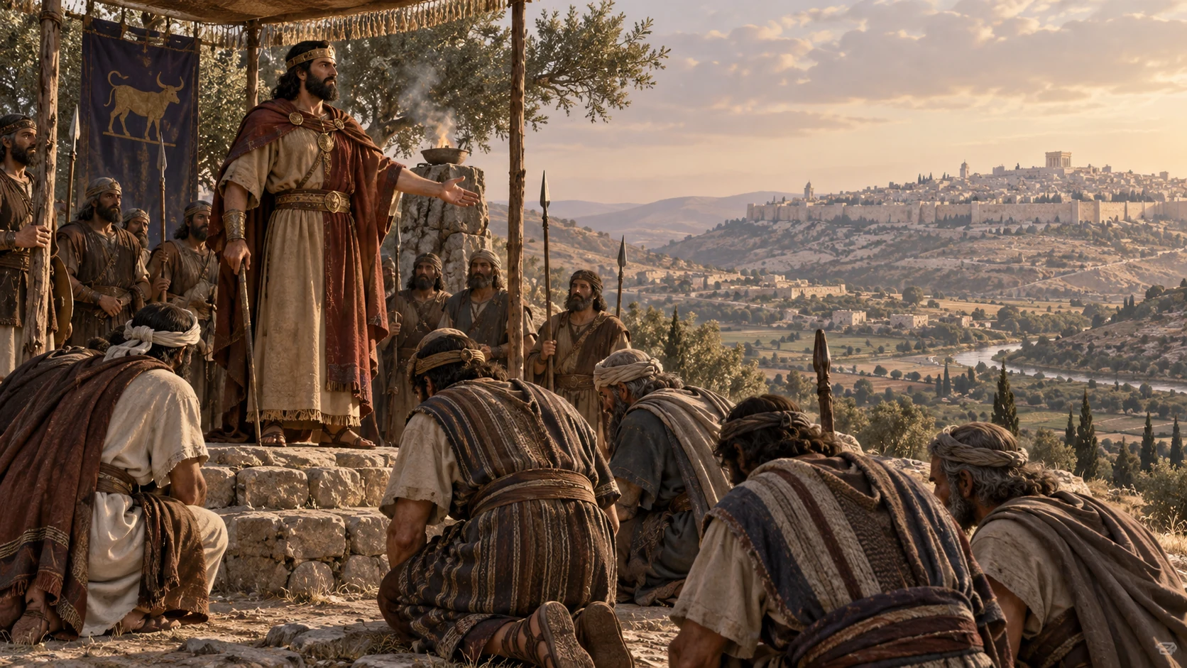 A retrospective court scene shows Jeroboam receiving Israel's crown apart from a distant Davidic Jerusalem, with the older canonical Jeroboam identity if available.