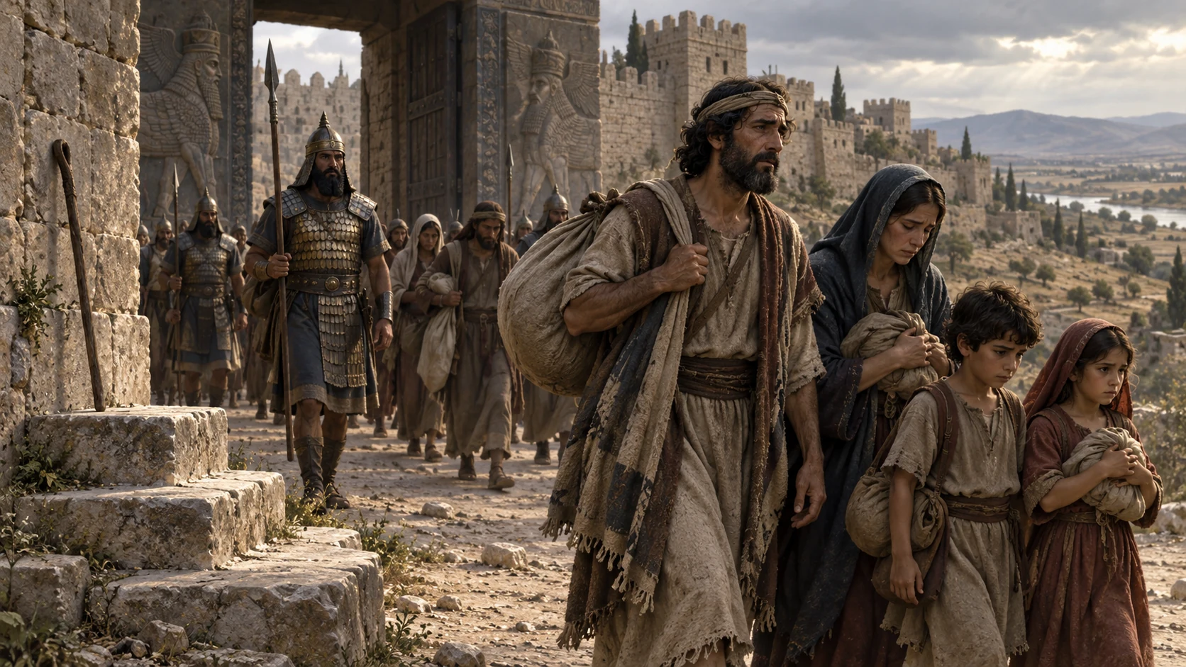 An Israelite family departs its land under Assyrian escort as an old prophet's empty city-gate place recedes behind them.