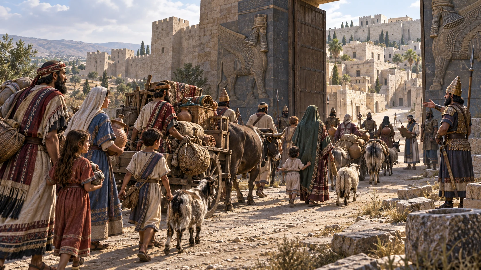 Families of varied Mesopotamian and Syrian backgrounds arrive with belongings at Samaria's gate, replacing the earlier departing procession without conflating them.