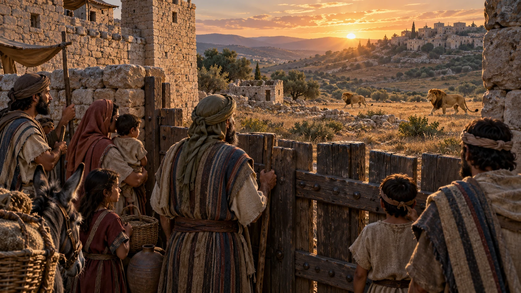 At dawn, settlers stand behind a village gate while lions move at a distance beyond abandoned fields; no attack or injury depicted.