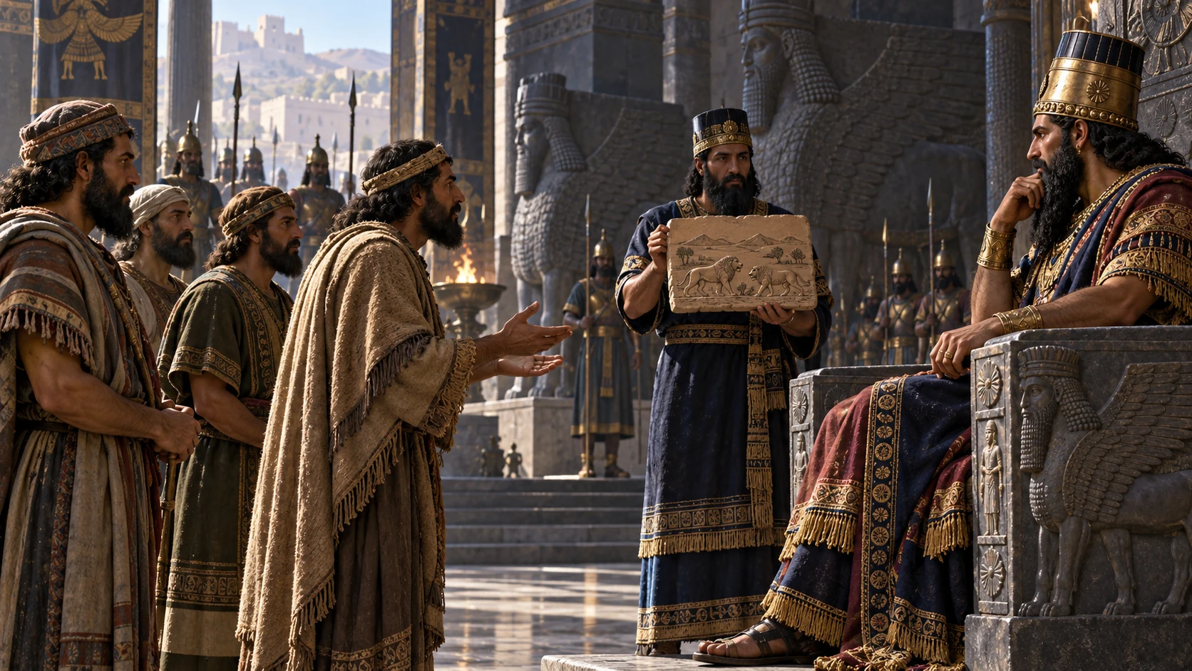 Delegates speak before the Assyrian king with a small unlettered scene tablet showing distant lions and Samarian hills.