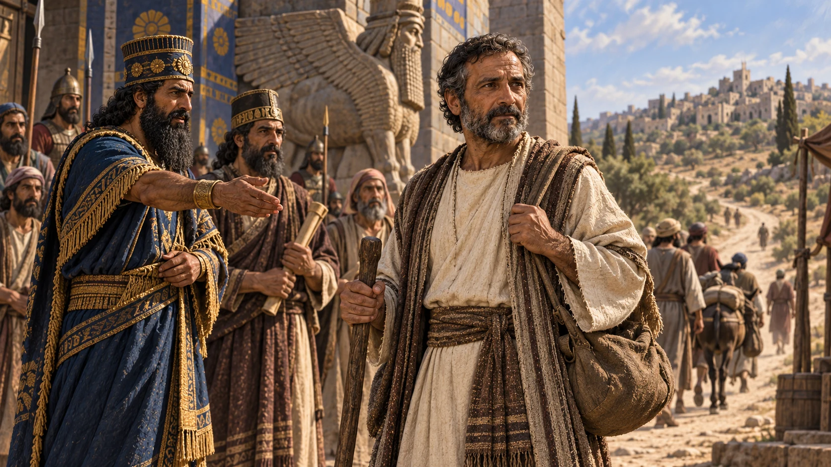 An Israelite priest is selected from an exile community before Assyrian officials and prepares for the return road.