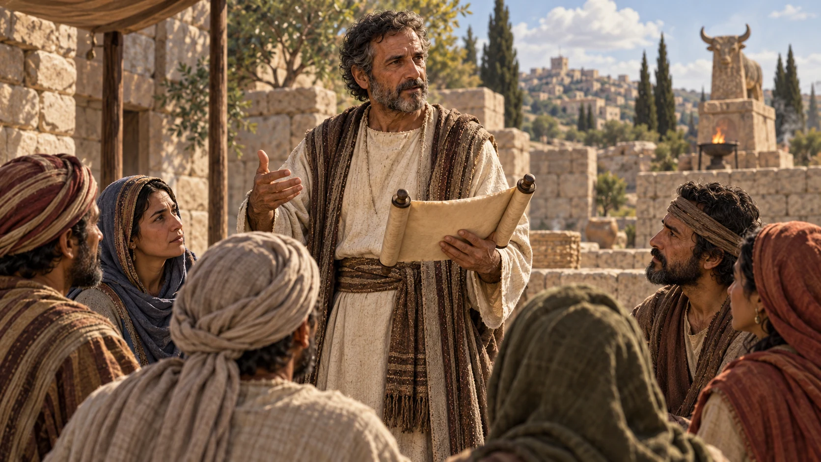 The returned Israelite priest instructs a small diverse group at Bethel, with the old local shrine visible but not endorsed.