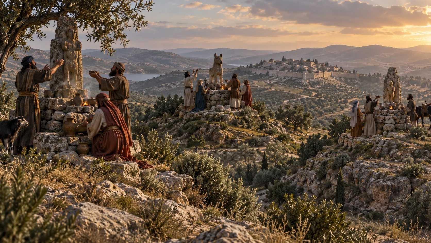 Distinct groups place different carved images in separate existing high-place shrines around Samaria; no exact labels.