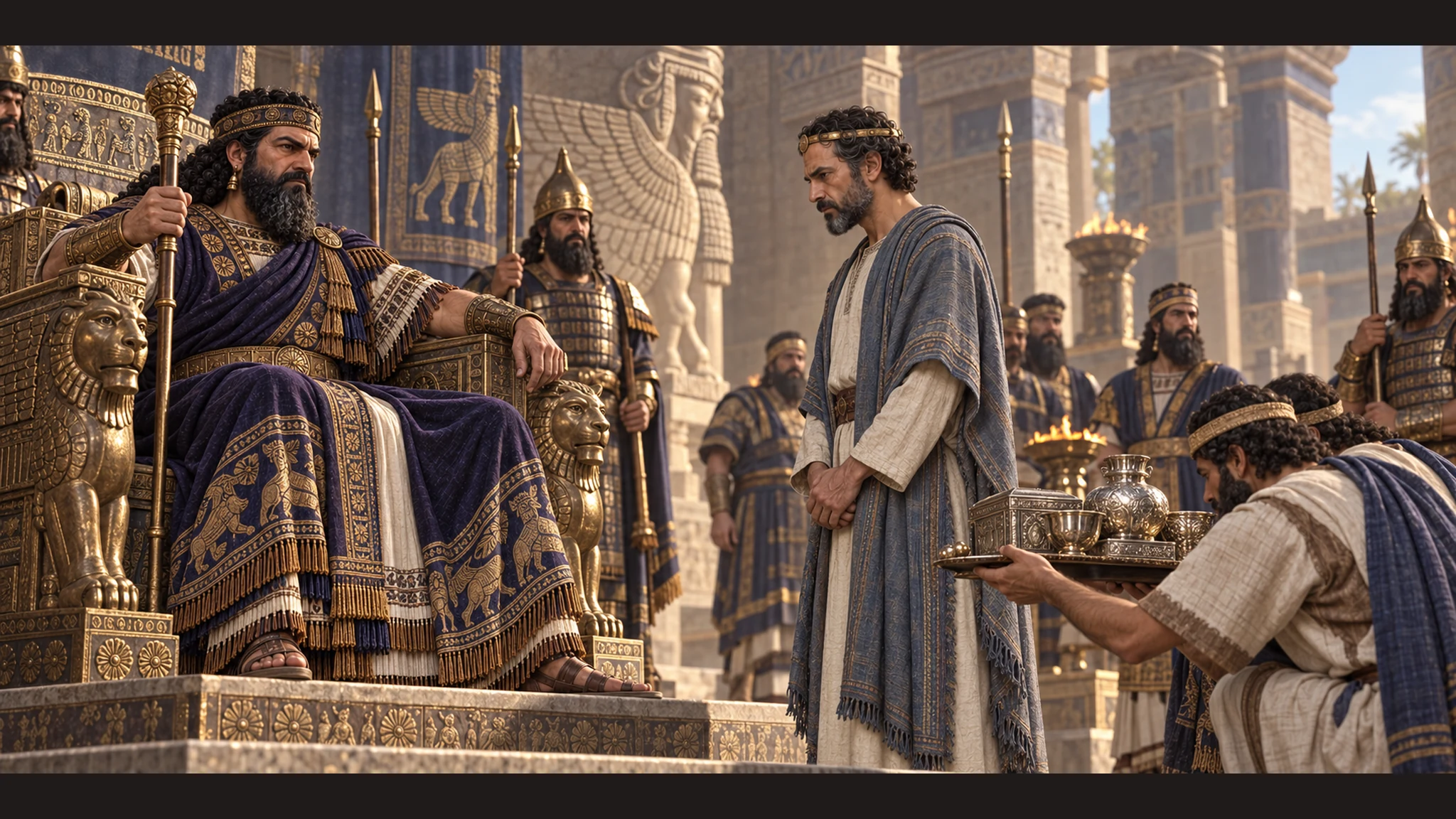 Shalmaneser receives sealed tribute from Hoshea's delegation before Assyrian officers; the kings are visibly distinct.