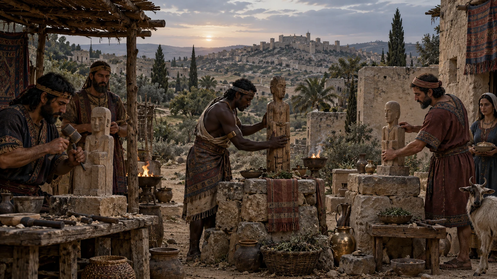 Three culturally distinct settler households prepare separate small cult images, without claiming archaeologically exact appearances for named deities.