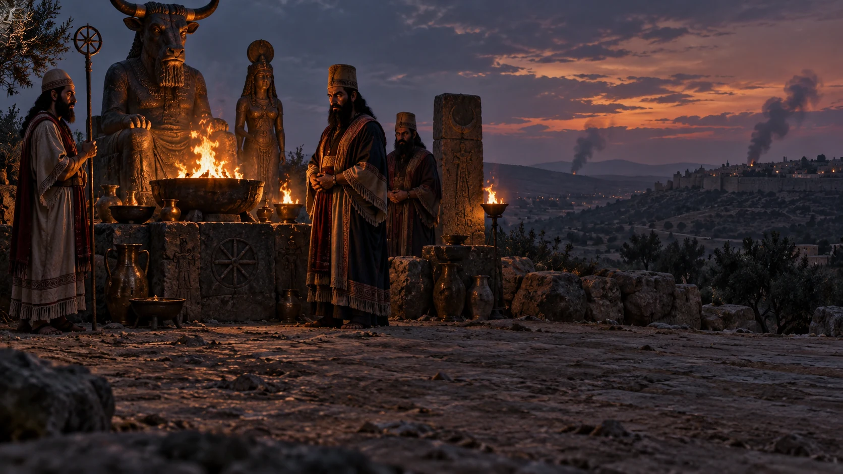 Separate imported shrines and a distant ominous fire under heavy dusk smoke; no child, person in fire, graphic injury, or fabricated deity portrait.