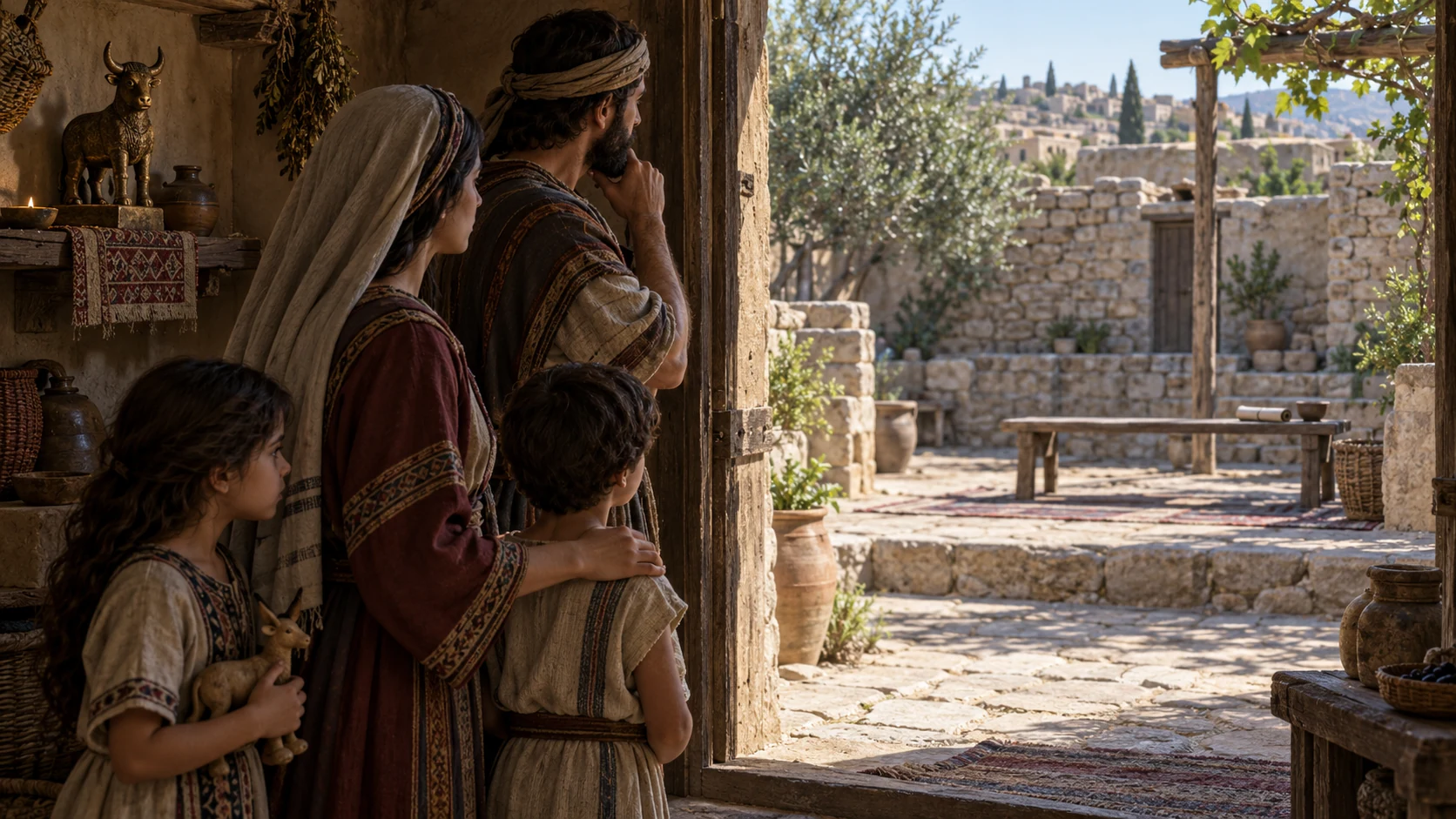 One household looks toward the returned priest's teaching place while retaining a small household image, conveying divided practice without caricature.