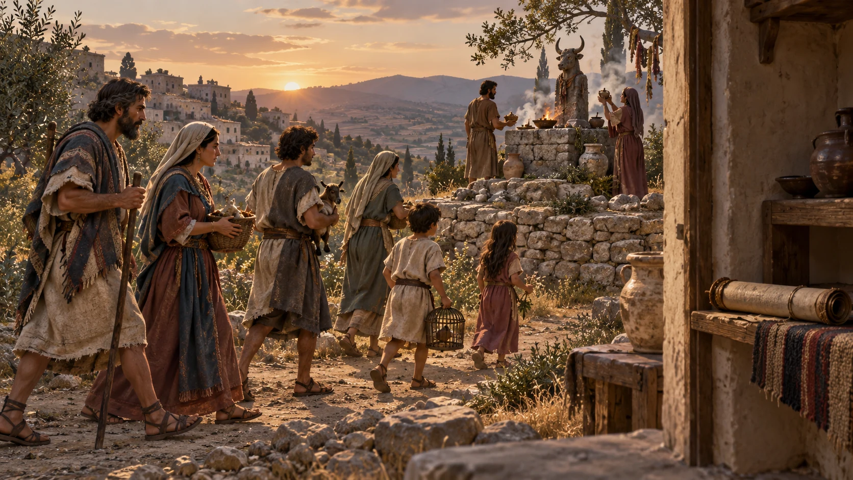 Several generations at a Samarian village shrine illustrate persistence, with an unread covenant scroll present but neglected.