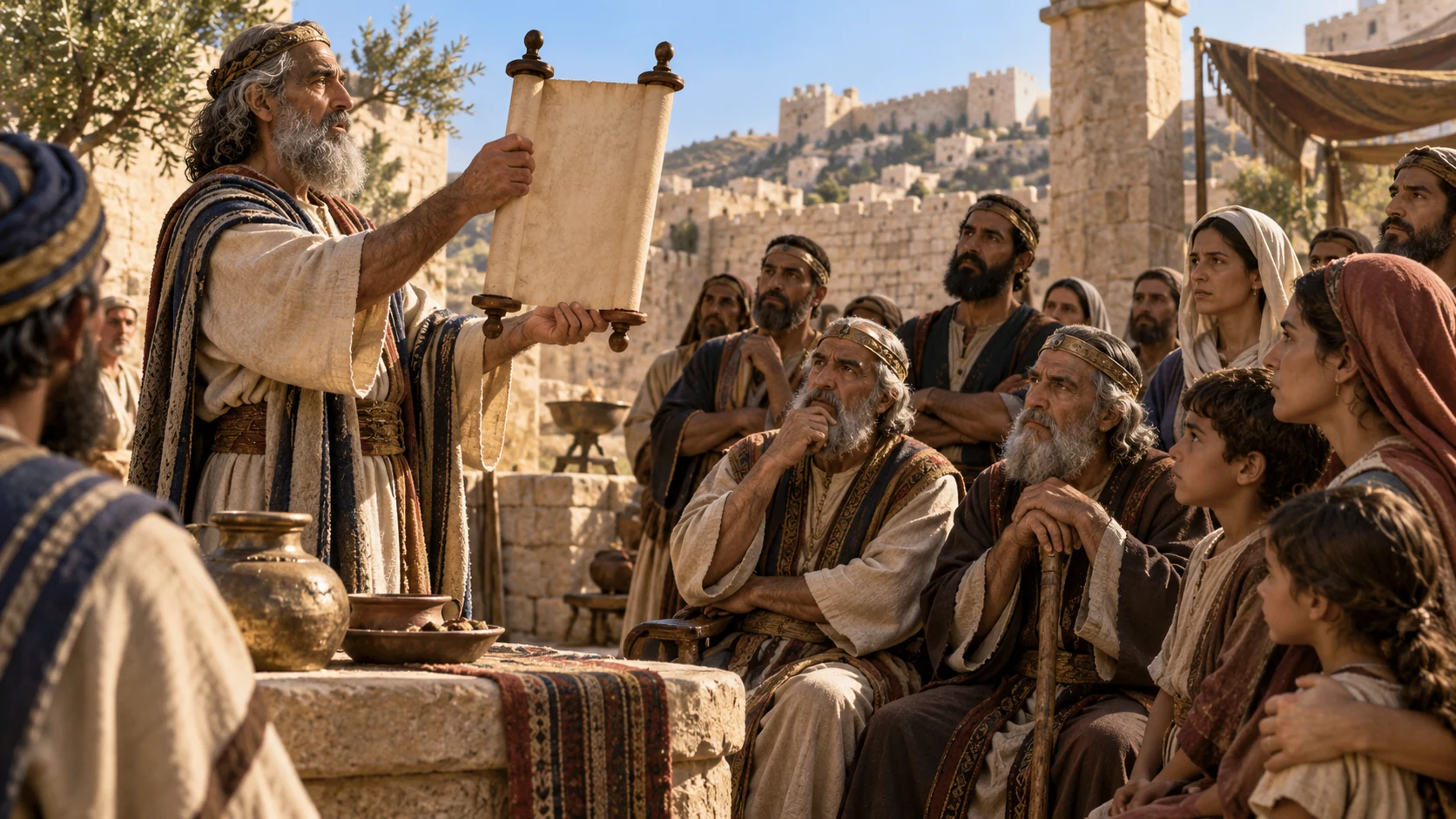 A scribe presents a covenant scroll to an Israelite assembly in a retrospective scene; no divine figure or readable generated writing.