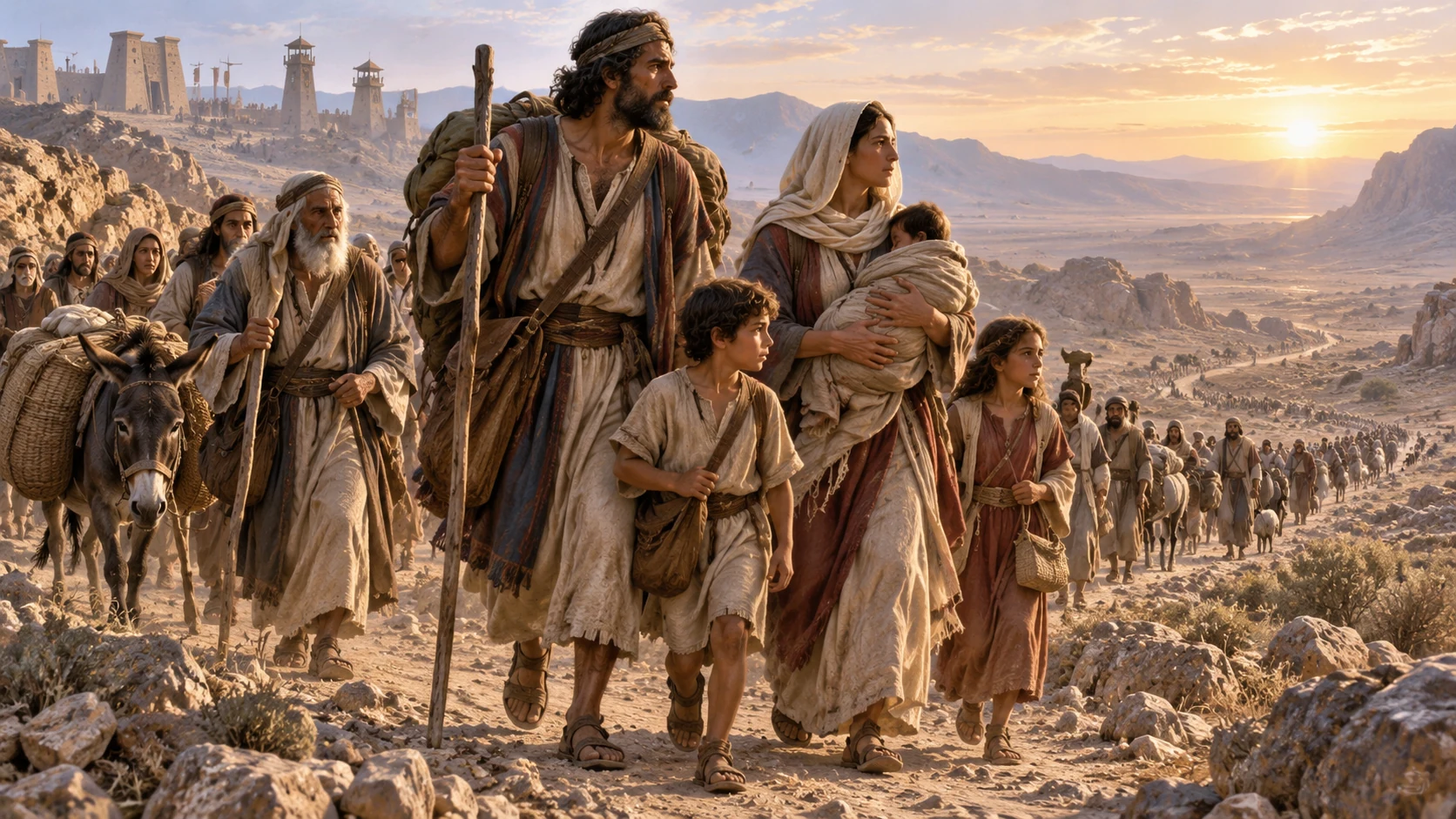 An ancestral family crosses a dry wilderness route after Egypt in a respectful memory tableau, linked visually to later Israelite descendants.