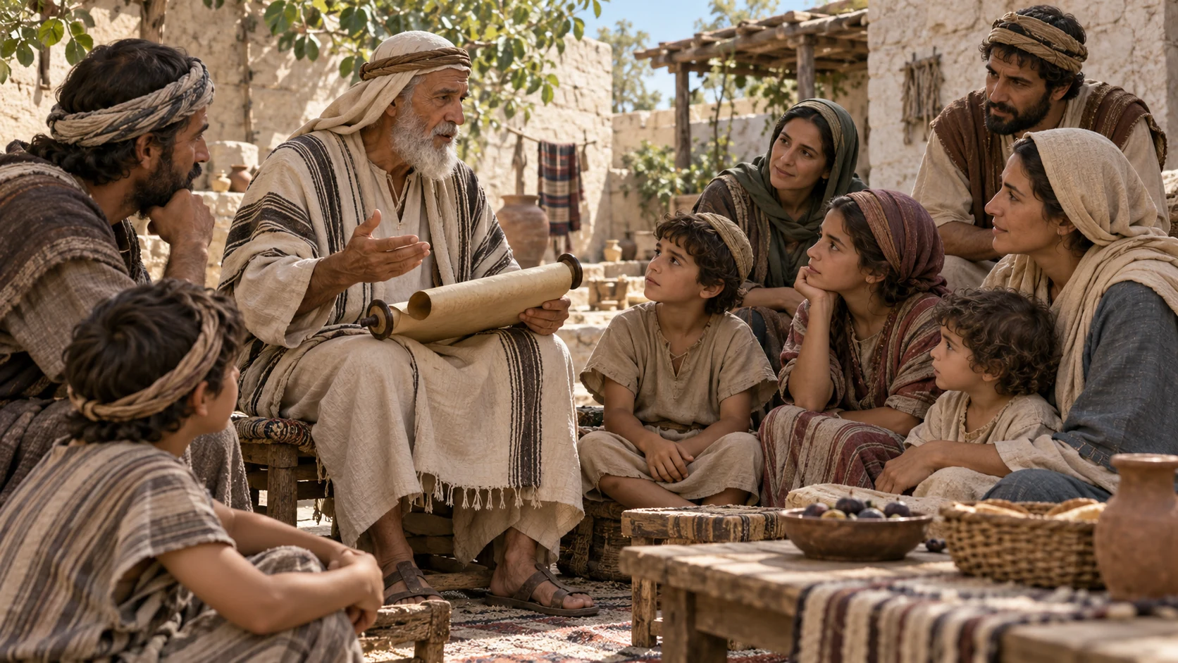 An elder teaches children and adults from a closed or unreadable covenant scroll in a simple household courtyard.