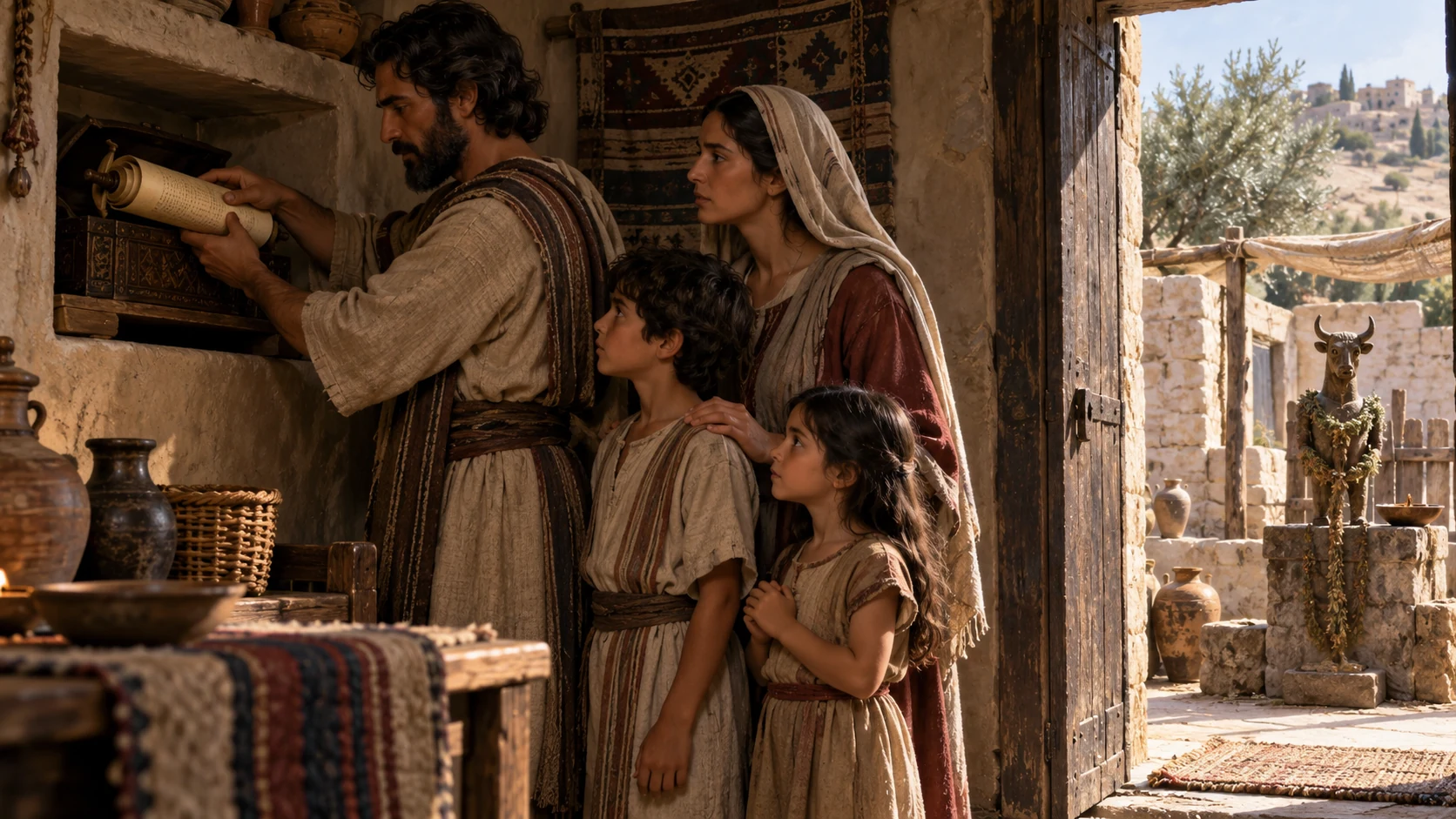 A family preserves a covenant scroll carefully while contrasting carved cult objects stand outside the household threshold.