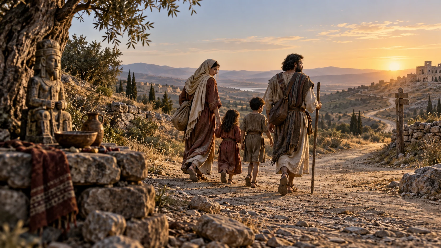 An Israelite family turns away from a carved image toward an open road and dawn sky; no personification of Yahweh.
