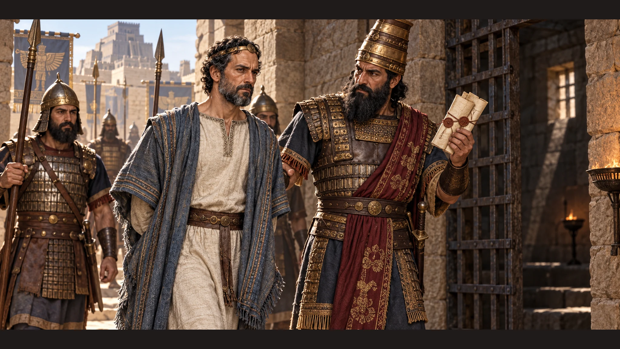 Assyrian guards confine Hoshea after intercepting his Egyptian envoys' correspondence, with the Egyptian appeal suggested by a distant court motif and no legible writing.