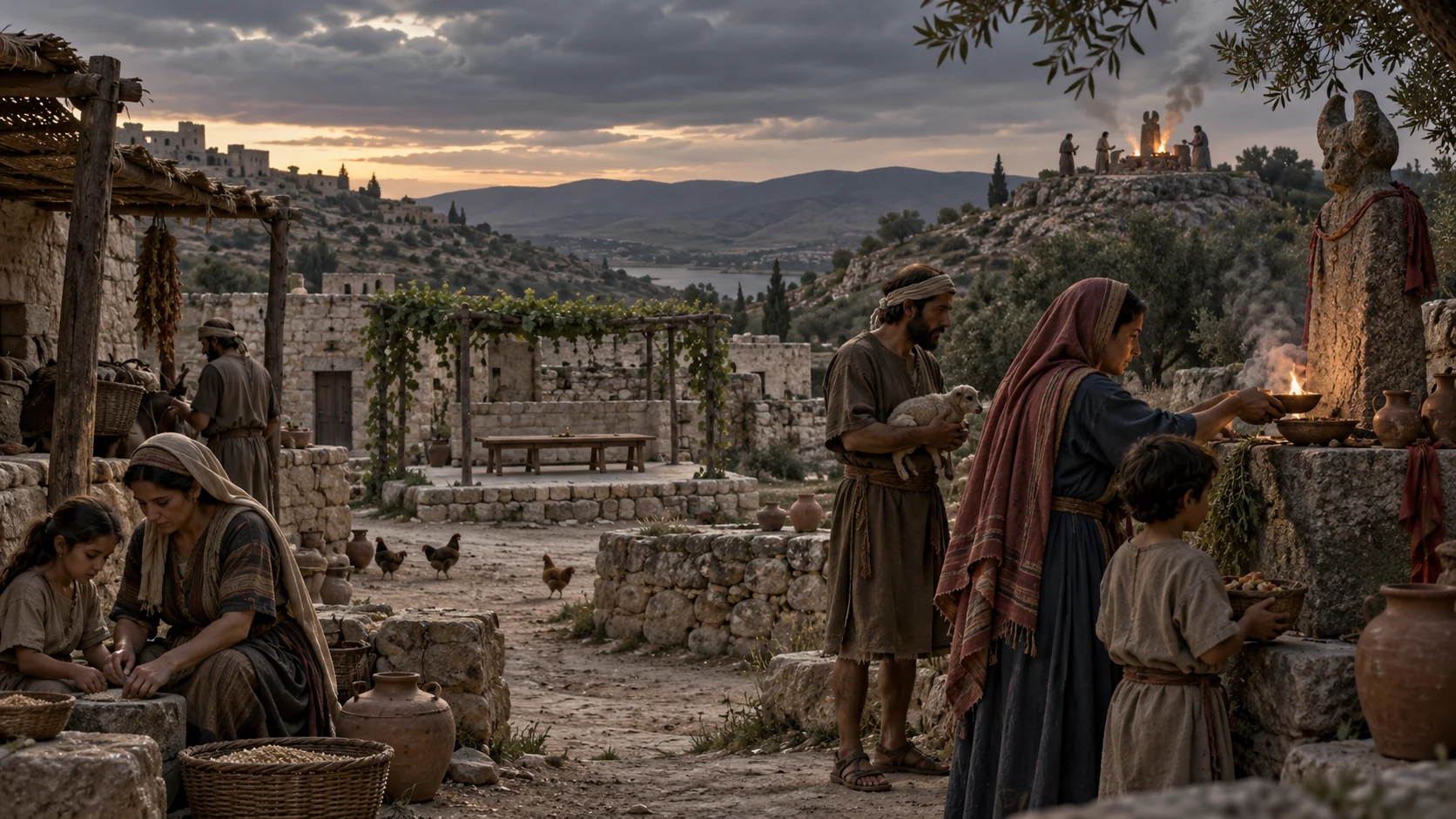 A later Samarian gathering resumes mixed shrine practices after the teacher has departed, with subdued, human-scale observation.