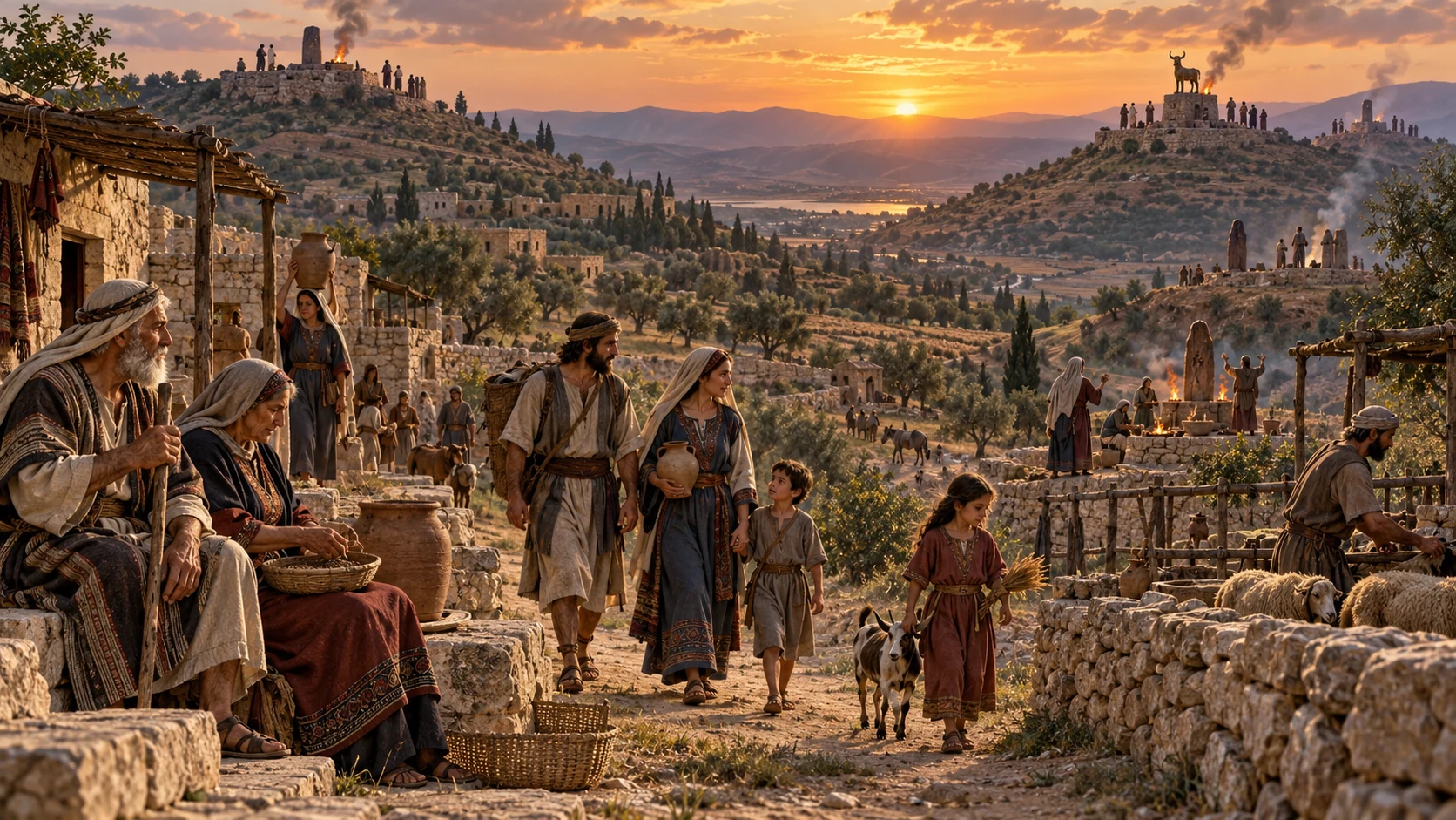 Three generations of settlers at Samaria's hillside shrines show a lasting blend of practices, ending on a sober wide landscape rather than a caricature.