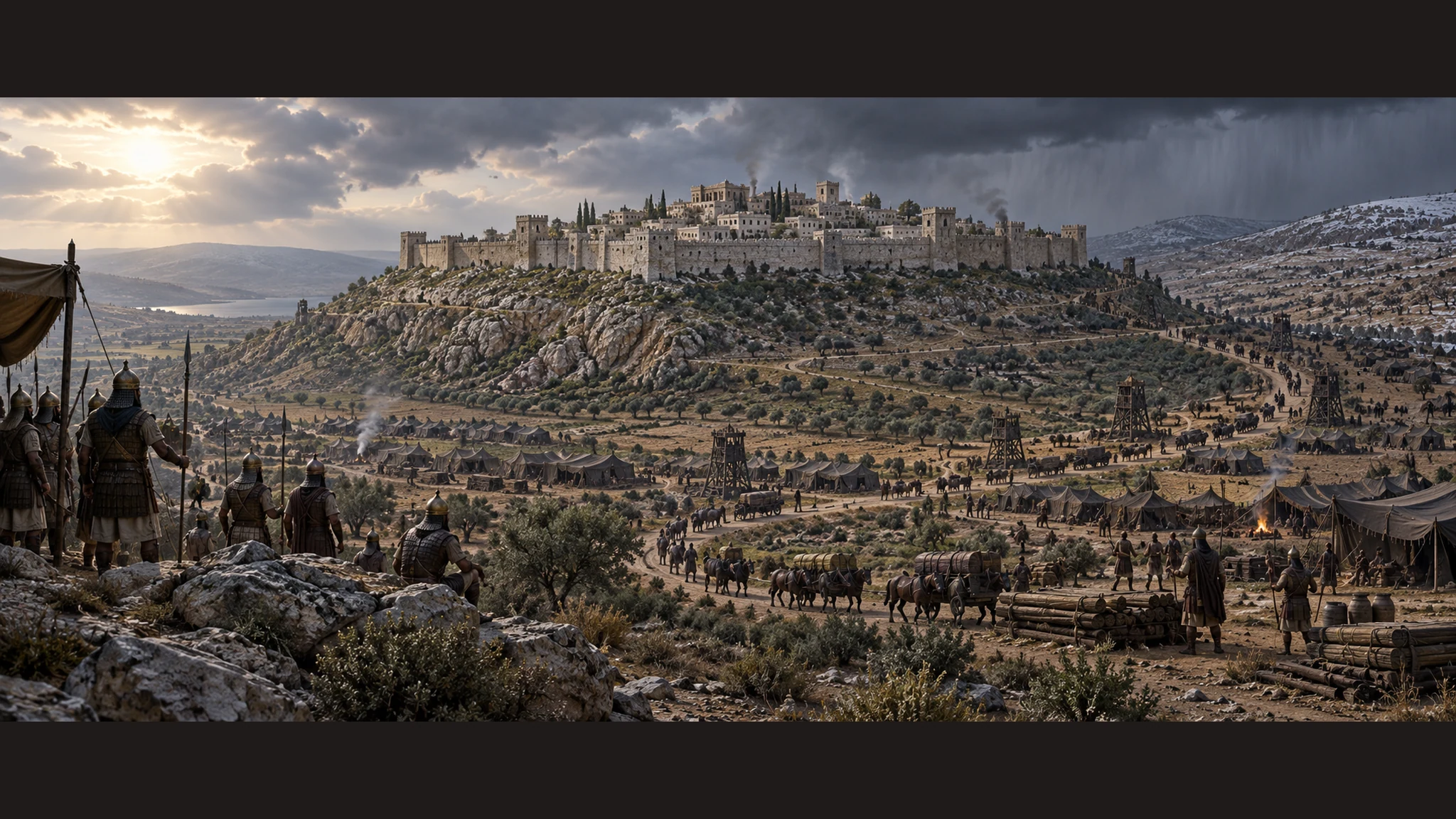 A broad view of Samaria's intact walls under a sustained Assyrian encampment, changing seasons suggested by fields and sky, no invented printed dates.