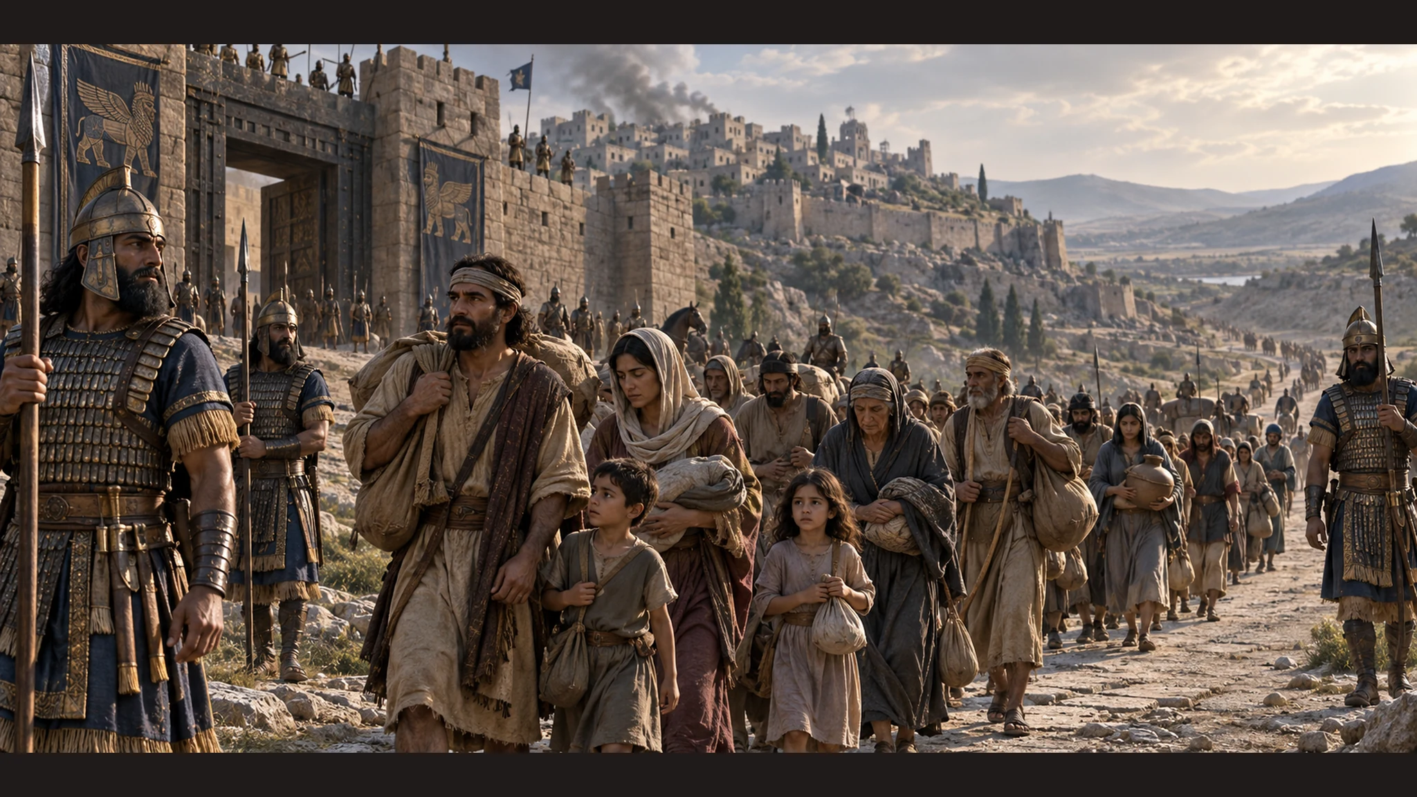 Assyrian soldiers hold Samaria's gate while Israelite families depart under escort toward a distant road; dignity, geographical breadth, no exact map labels.