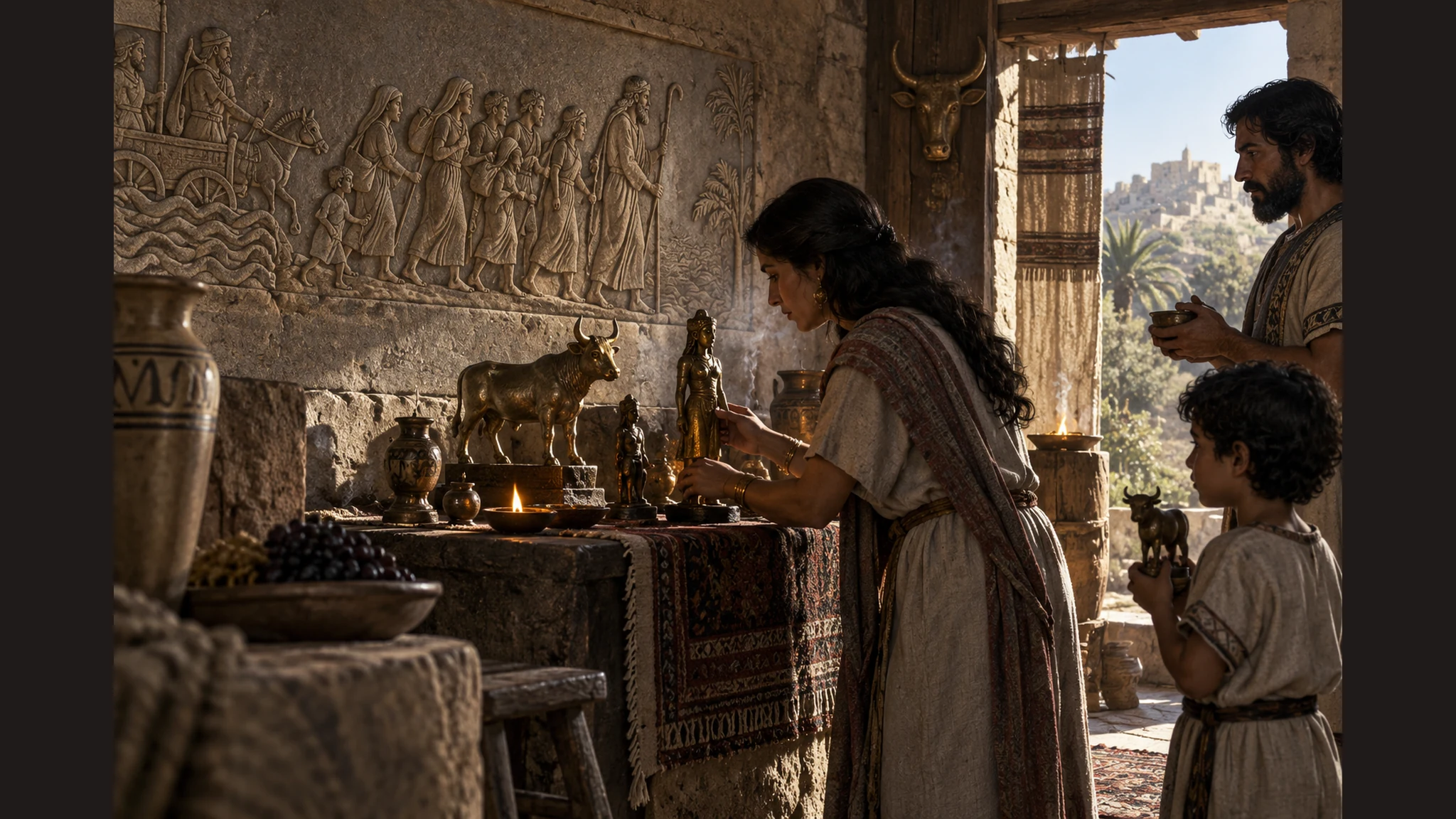 A visual memory of Exodus as a weathered family relief contrasts with a northern household turning toward foreign cult objects; no divine figure.
