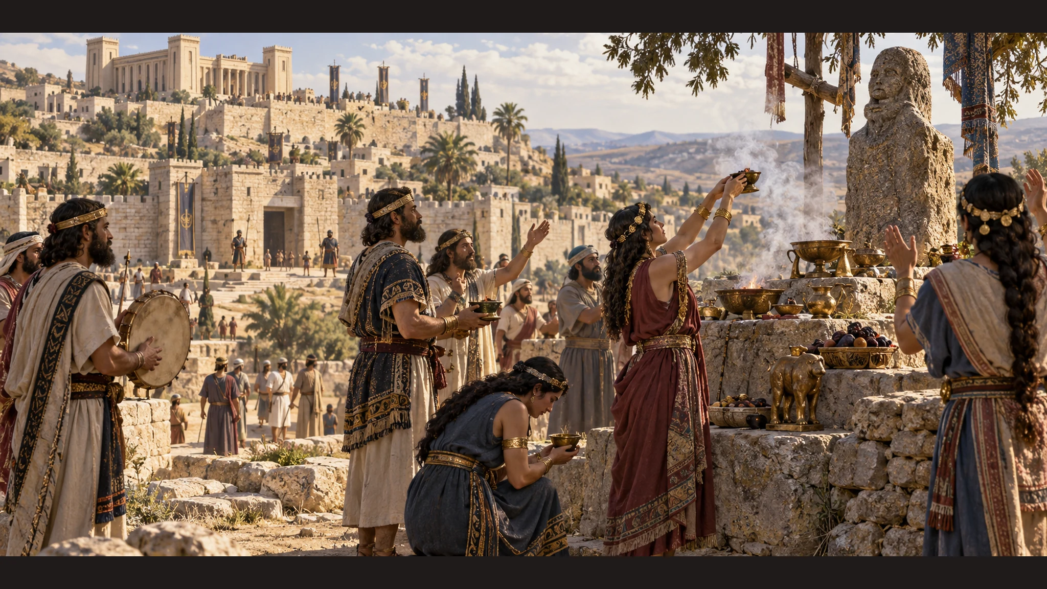 Israelite courtiers and ordinary worshipers follow foreign ritual fashions near a northern city shrine; no invented named nation.