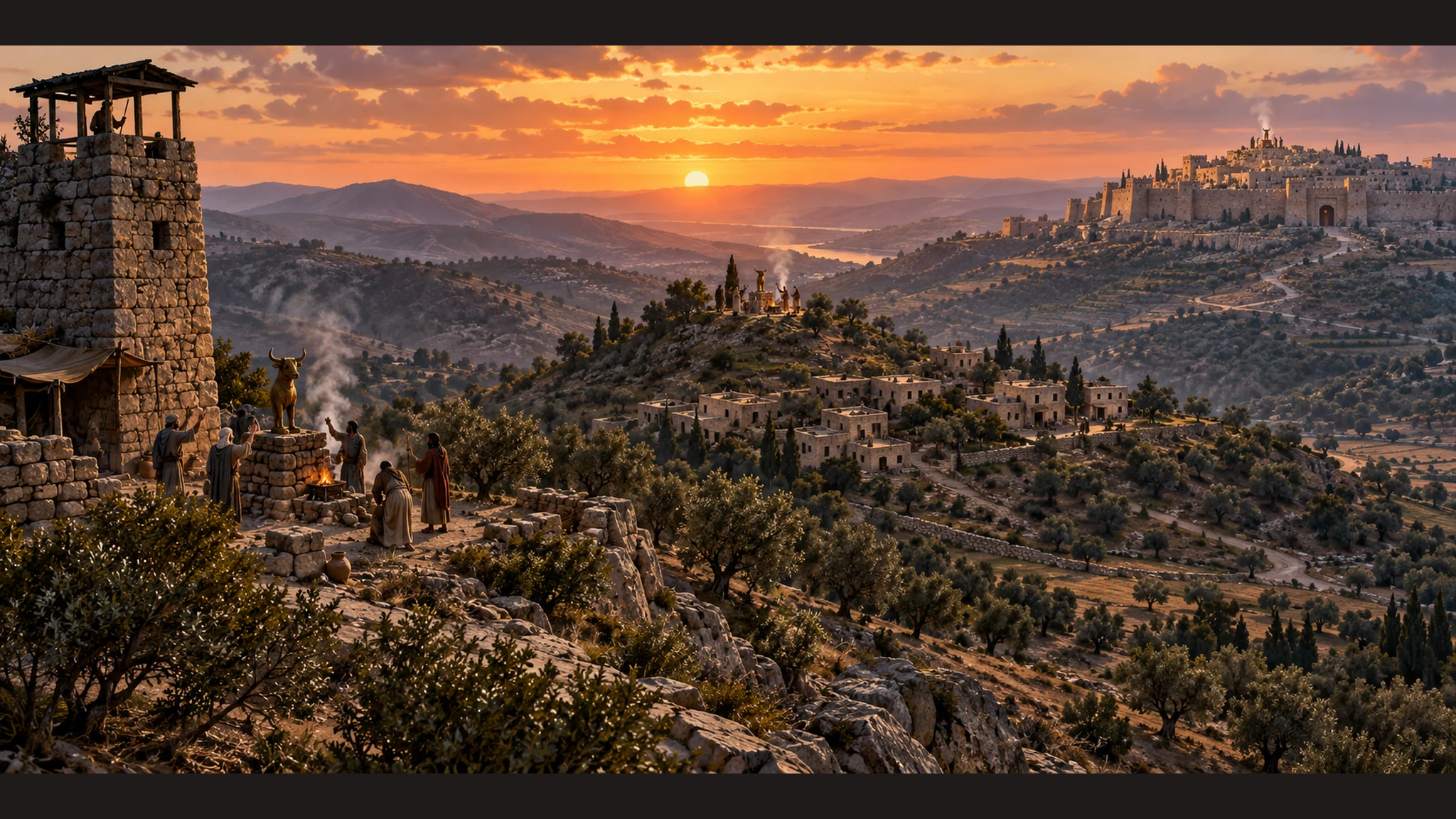 A wide landscape links watchtower, village, and fortified city, each with a small hill shrine.