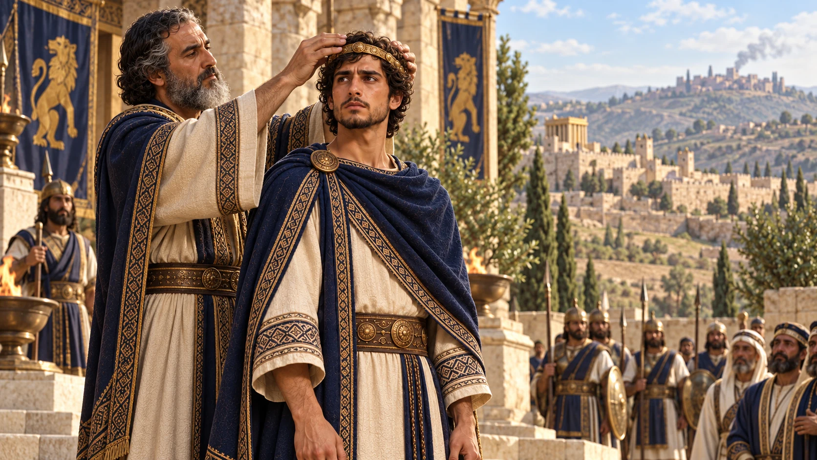 Hezekiah, matching his chapter 16 model, receives Judah's circlet in Jerusalem; a distant northern court marks the separate Hoshea chronology.