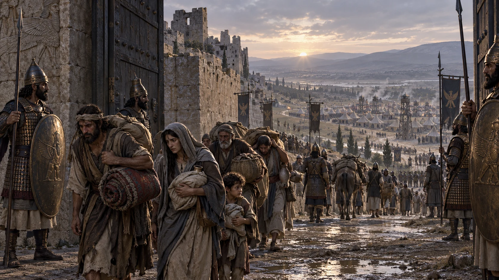 The Samaria gate opens under Assyrian control after a long siege; no graphic violence or Sennacherib.