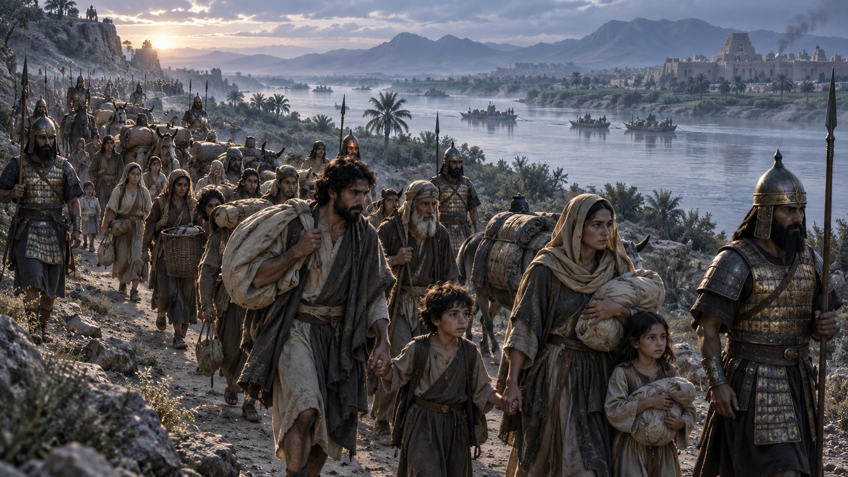 Exiled Israelites travel under Assyrian escort toward distant northern riverlands; the king is left unnamed.
