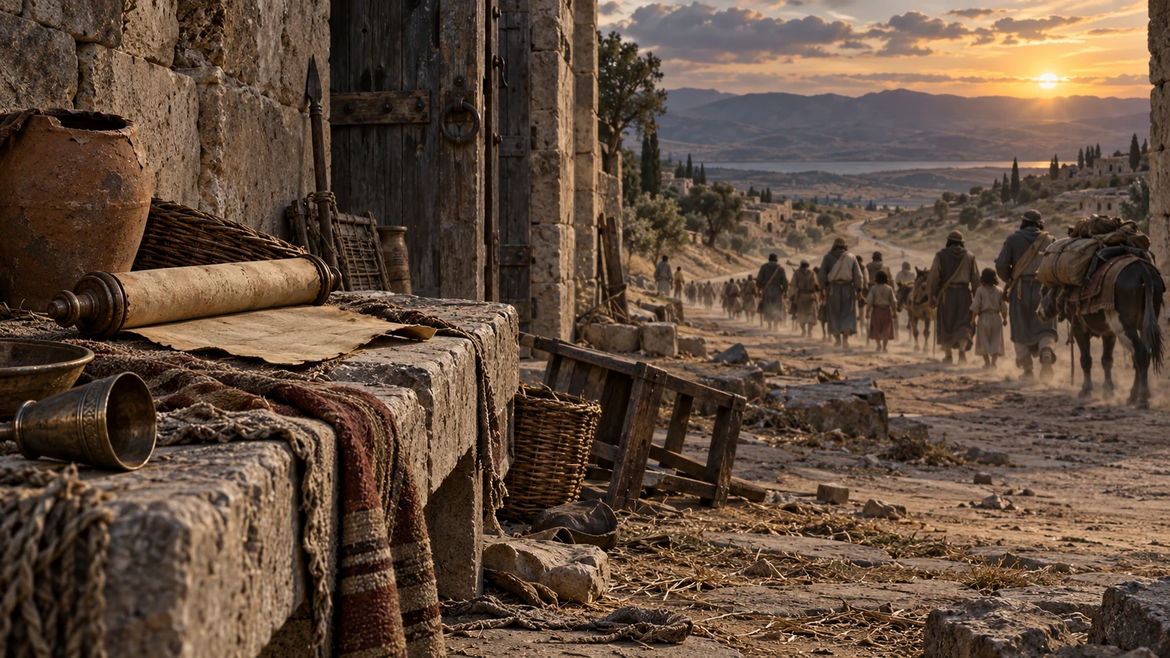 A neglected covenant scroll remains at an emptied northern city gate as the exile road disappears into the distance.