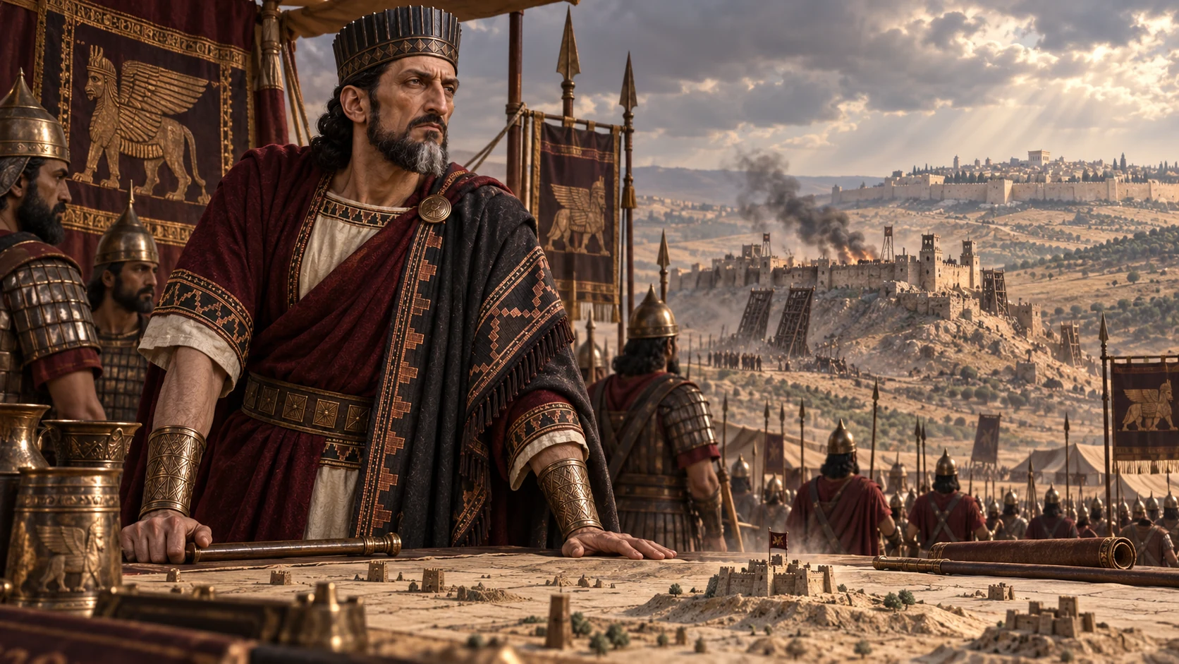 Sennacherib, distinct from Shalmaneser, studies Judahite fortifications outside a captured city; Jerusalem remains unconquered.