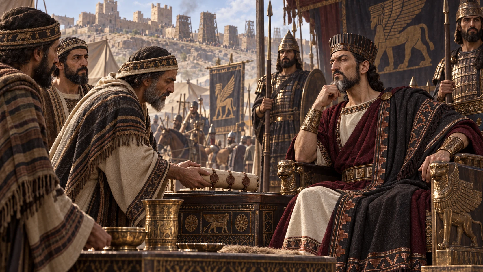 Hezekiah's envoys meet Sennacherib at the Assyrian siege camp by Lachish with sealed, unreadable terms.