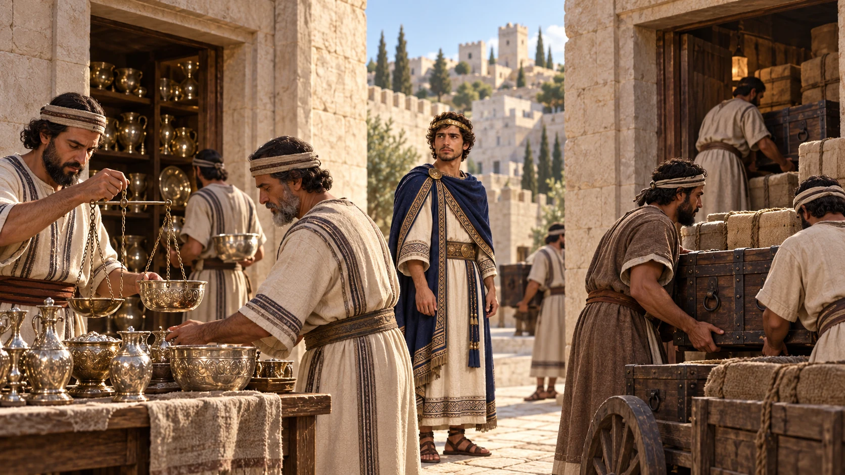 Judahite treasurers weigh silver vessels removed from temple and royal storehouses under Hezekiah's order.