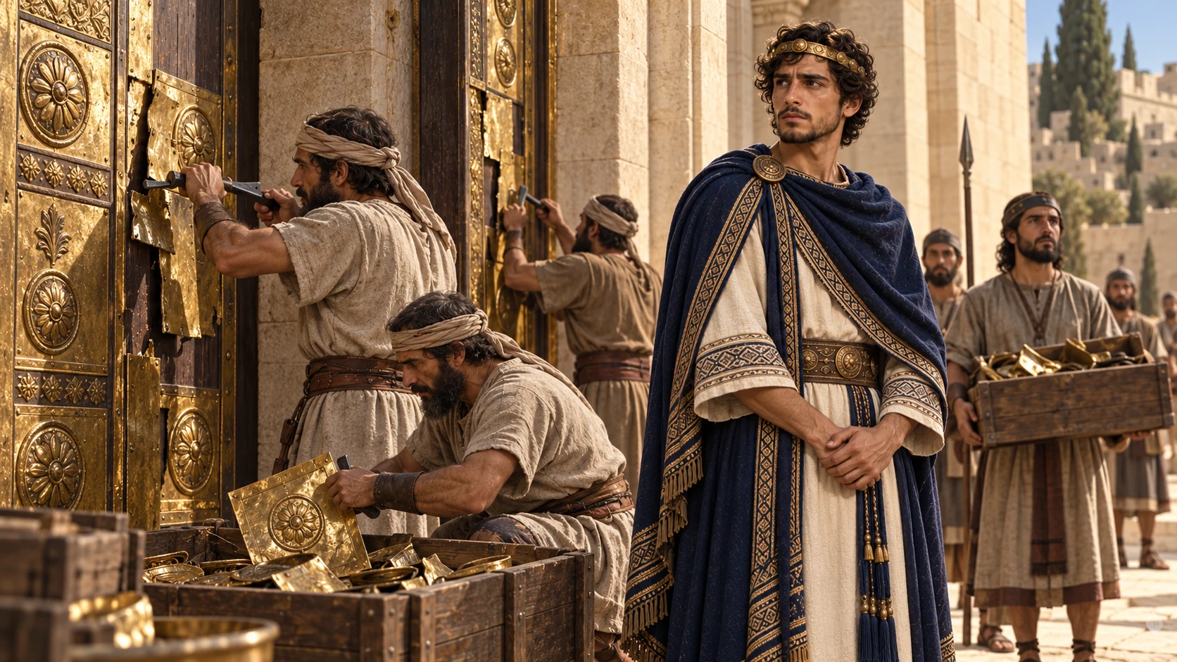 Artisans carefully remove precious overlaid fittings from Jerusalem's temple doors while officials prepare tribute; no damage to the sacred interior invented.
