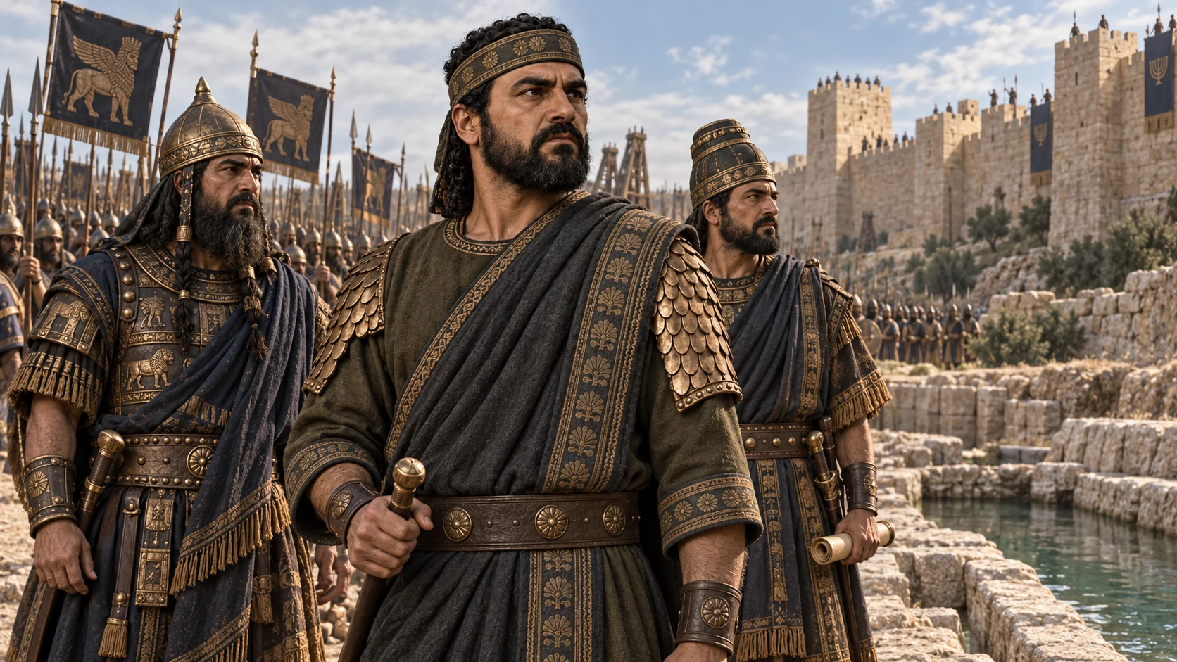 The Tartan, Rab-saris, and modeled Rabshakeh arrive at the upper-pool conduit outside Jerusalem with an Assyrian army behind.