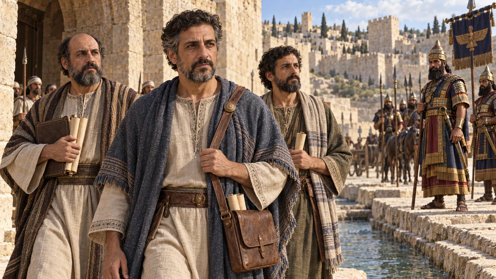 Eliakim, matching his model, steps out with distinct Shebna and Joah to meet Assyrian officers near the conduit.