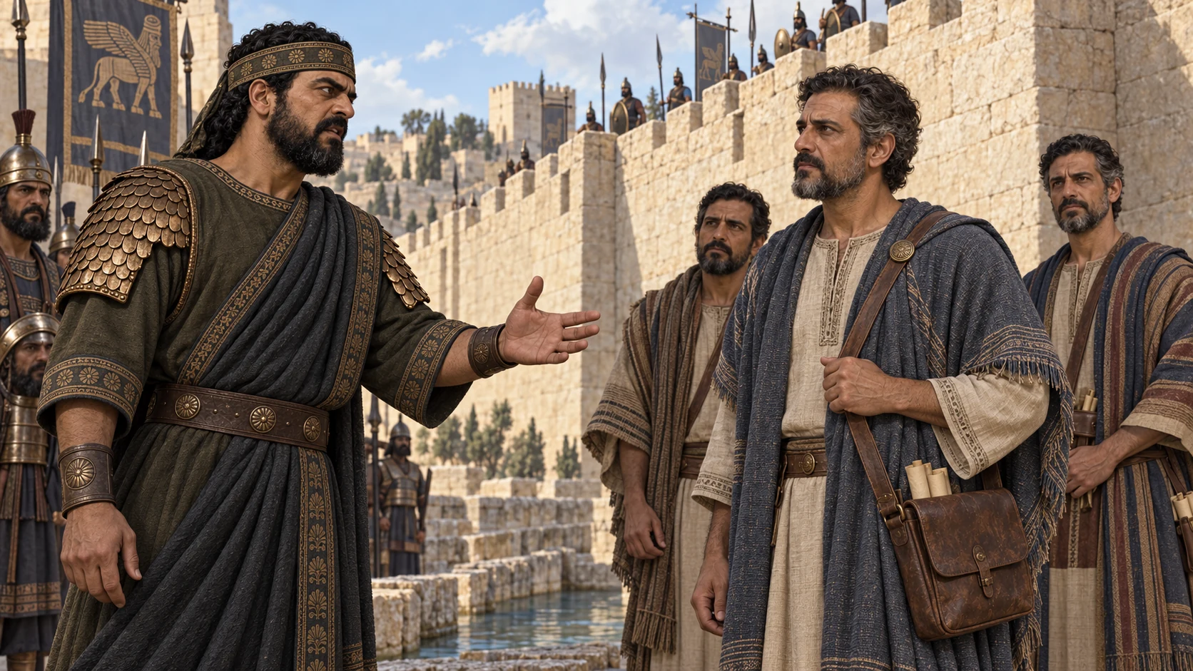 The modeled Rabshakeh addresses Eliakim's delegation with Jerusalem's wall and listening sentries behind.