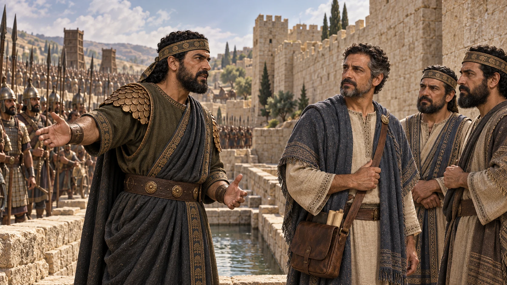 The spokesman gestures toward Assyrian troops while Judah's officials listen without conceding his claim.