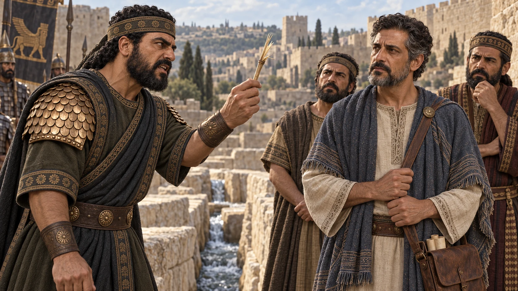 The spokesman holds a snapped river reed as a prop before the delegation; no Egyptian alliance is shown as certain.