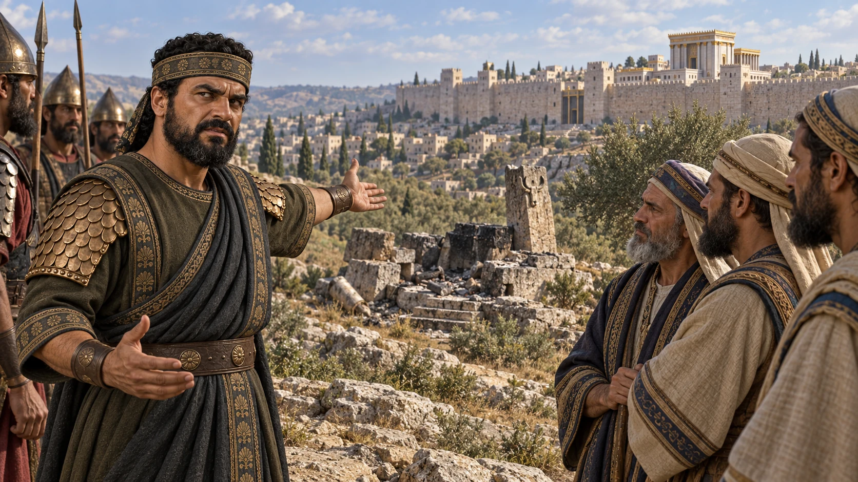 The spokesman points at a dismantled local shrine while the distant Jerusalem temple altar remains distinct.
