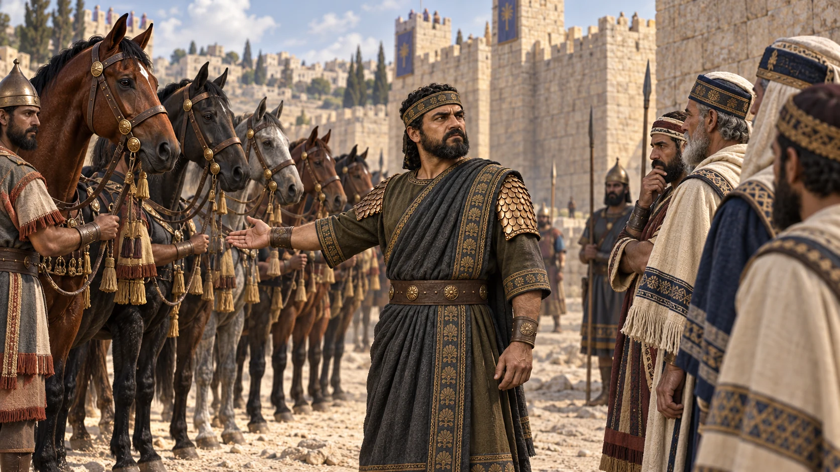 Assyrian grooms hold an orderly line of horses while the Rabshakeh makes his taunting offer to Judah's officials.