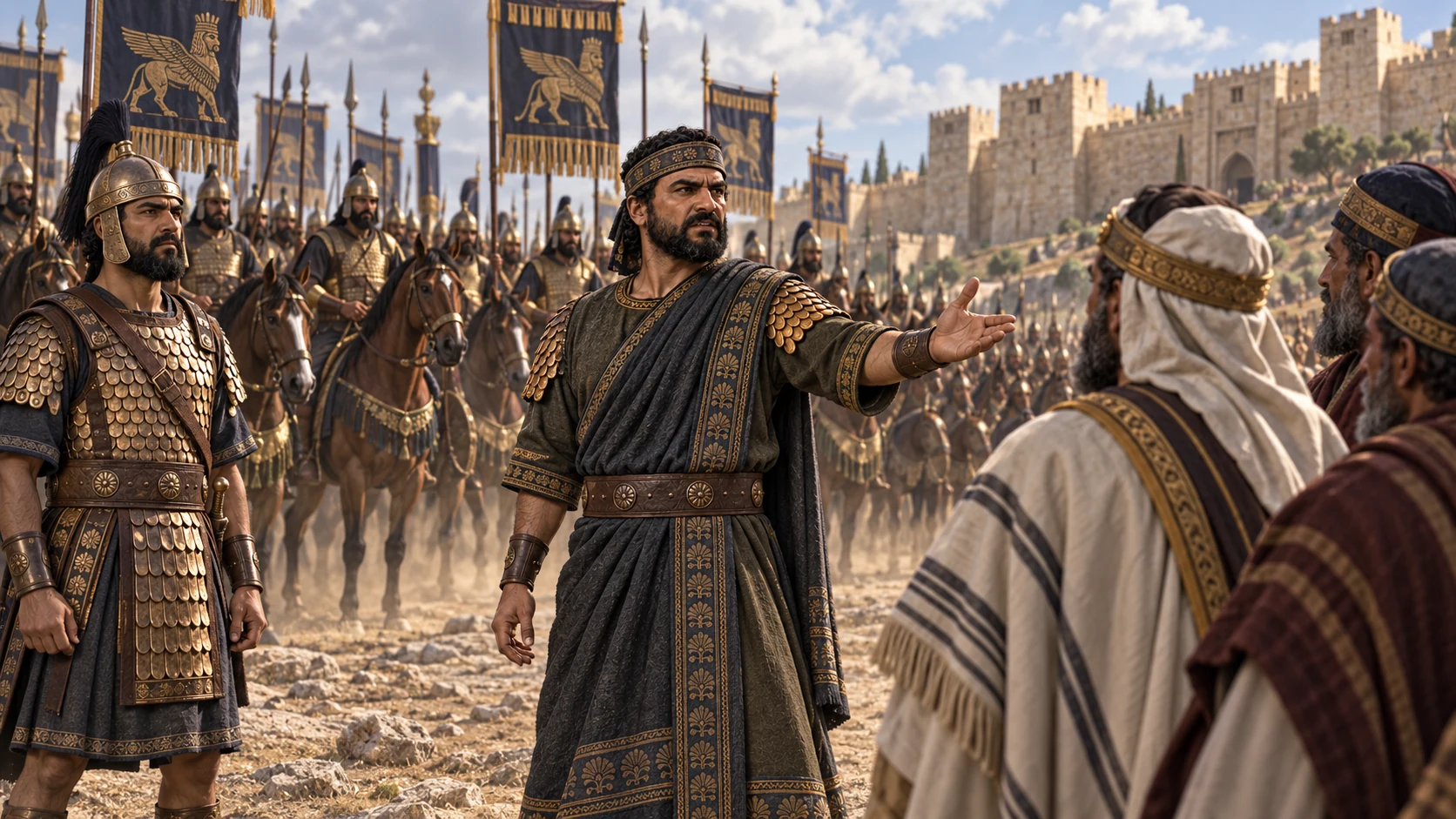 A junior Assyrian captain stands before a larger mounted force as the Rabshakeh speaks; his assertion remains a taunt.