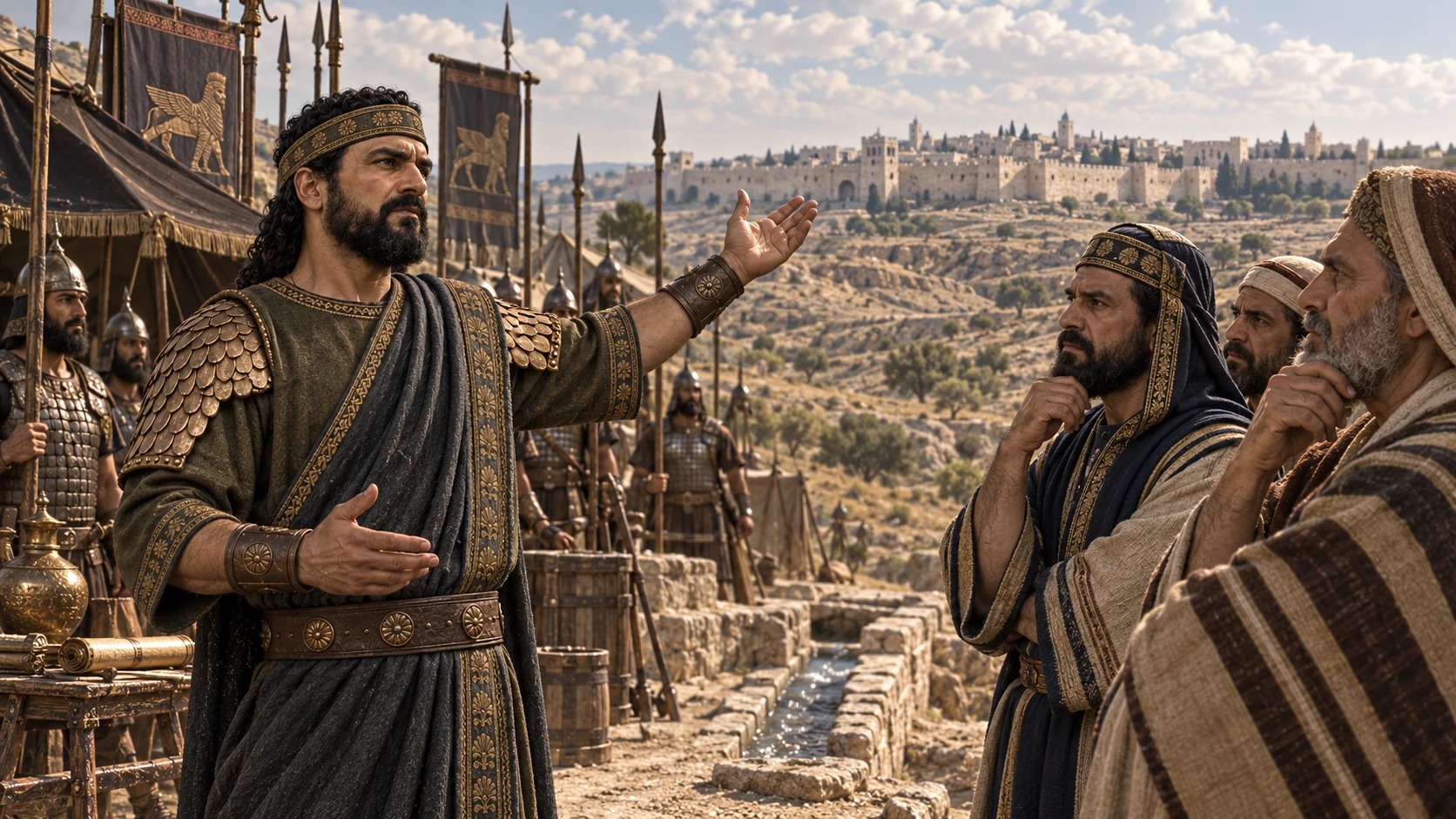 The spokesman raises a hand toward Jerusalem as he makes his claim; no divine figure, sign, or confirmation appears.