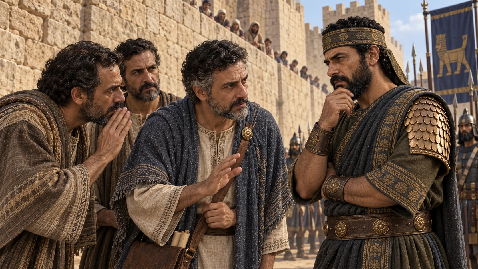 Eliakim, Shebna, and Joah quietly petition the Rabshakeh beneath the wall while Judahite onlookers remain above.
