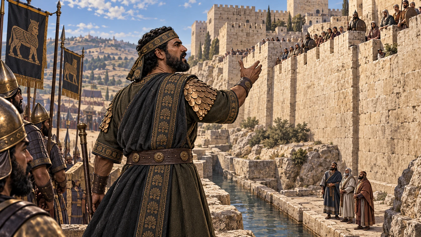 The modeled Rabshakeh stands before the upper pool and projects his words toward crowded wall battlements.