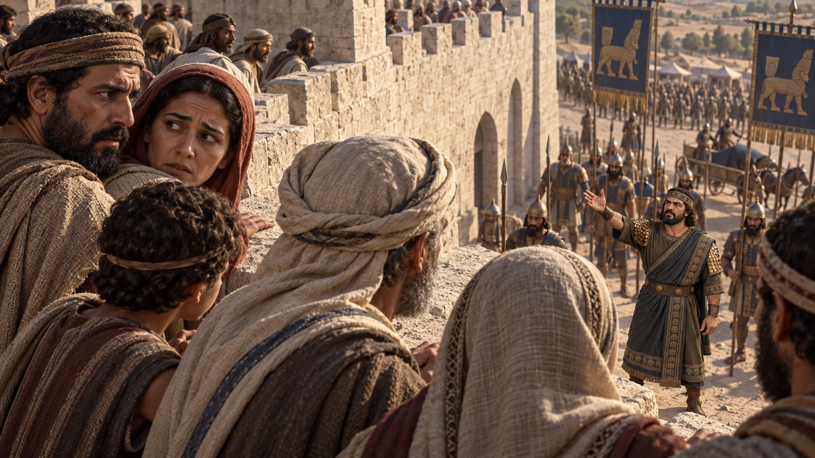 People on the wall hear the Rabshakeh while a distant Hezekiah is unseen; keep the speech's claim unattributed to the narrator.