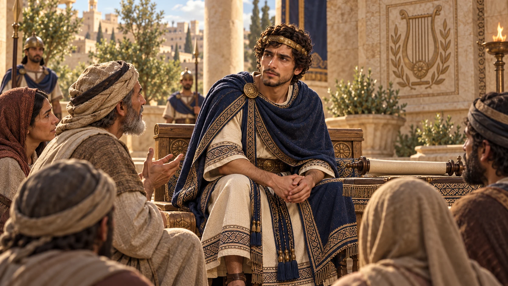 Hezekiah listens to petitioners beside an unlettered royal scroll, with a modest ancestral Davidic motif rather than David appearing in person.