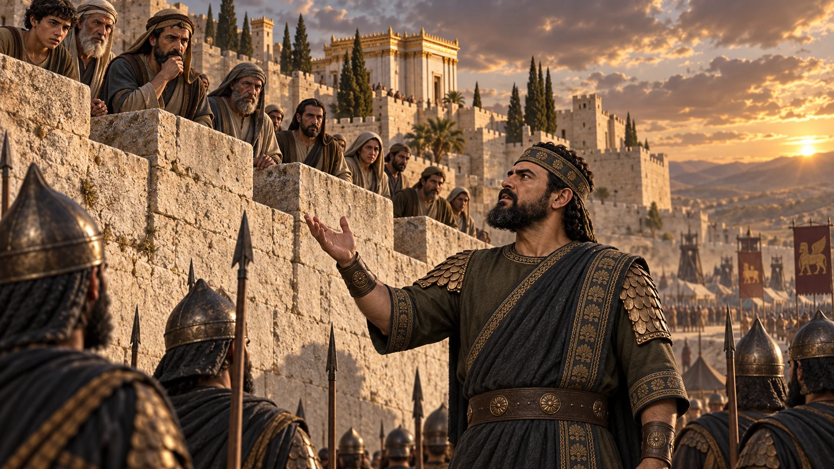 The wall listeners face the Assyrian speaker in tense silence, with Jerusalem's temple skyline behind them.